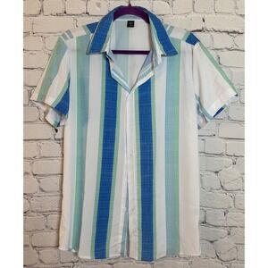 MANFINITY Mens Short Sleeve Button Up Shirt Blue Green Stripe Collar Size S